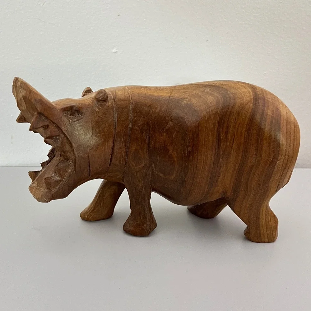 Vintage African ‎ Hand Carved Wood Hippopotamus Open Mouth Hungry Hippo